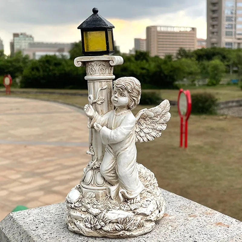 Decorative Objects Figurines Garden Resin Roman Column Small Angel Ornaments Home Products Retro Solar Character Crafts Home Accessories 230925