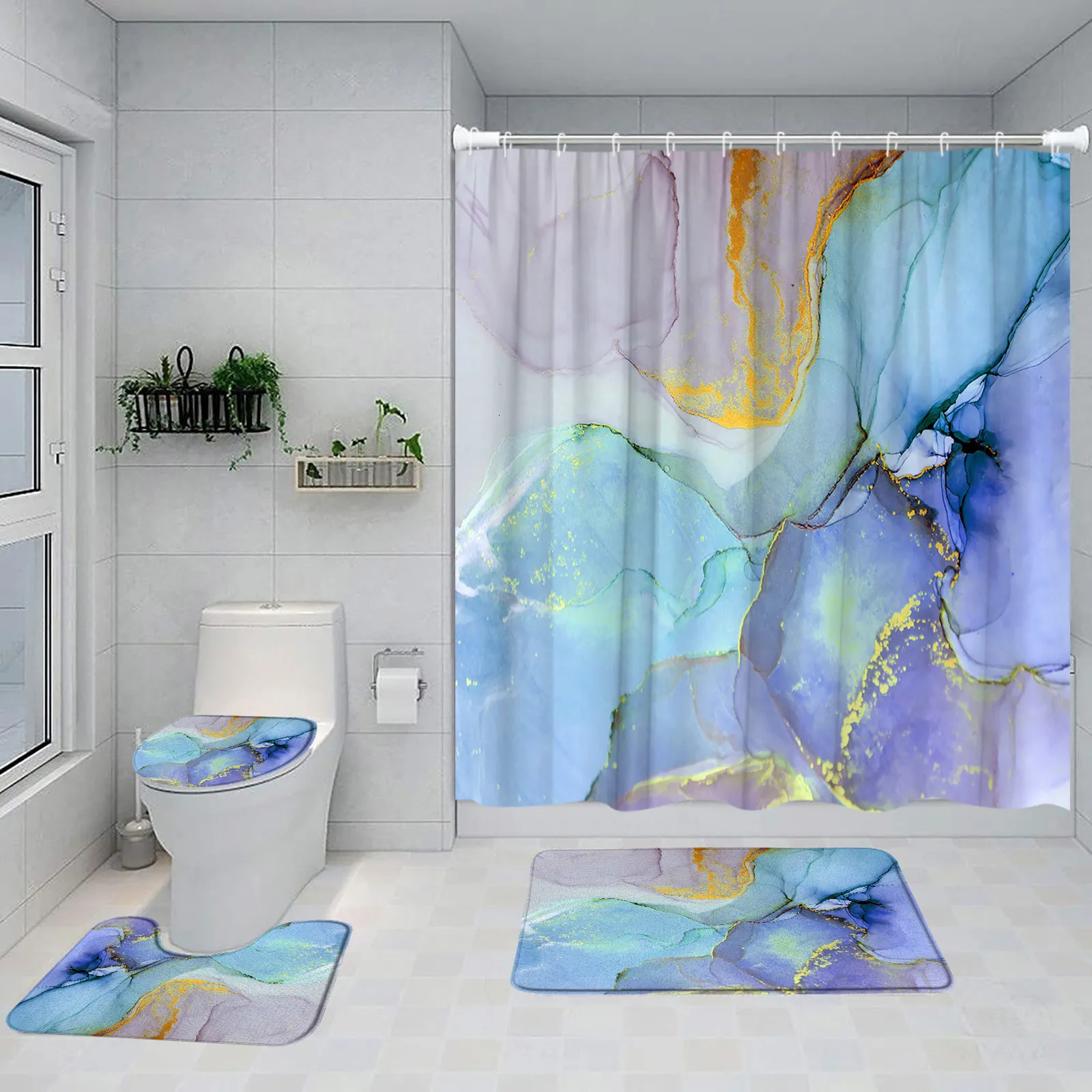 BOYOUTH Set Bagno 4 Pezzi Con Teschi E Fiori - Tenda Doccia 180x180, Tappetini E Copriwater, Stampa 3D