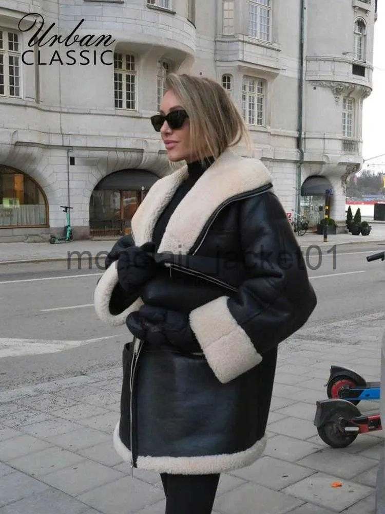 Womens Down Parkas Fashion Thicken Leather Fur Womens Coat 2023 Winter Long  Sleeve Velvet Lapels Coats Female Street Black Engine Lady Bike Jacket  J230925 From Monclair_jacket01, $21.39