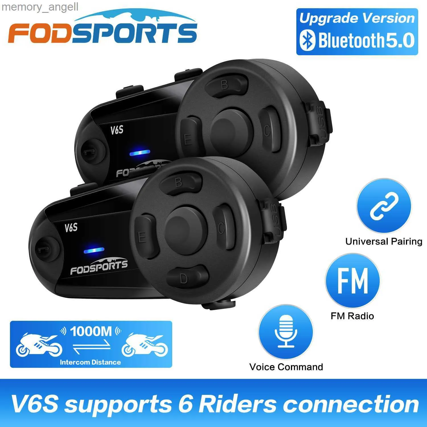 Walkie Talkie Fodsports V6S Helmet Intercom Motorcycle Bluetooth Headset 1000M IP65防水6ライダーワイヤレスインターホンBT5.0 FM Radio HKD230925