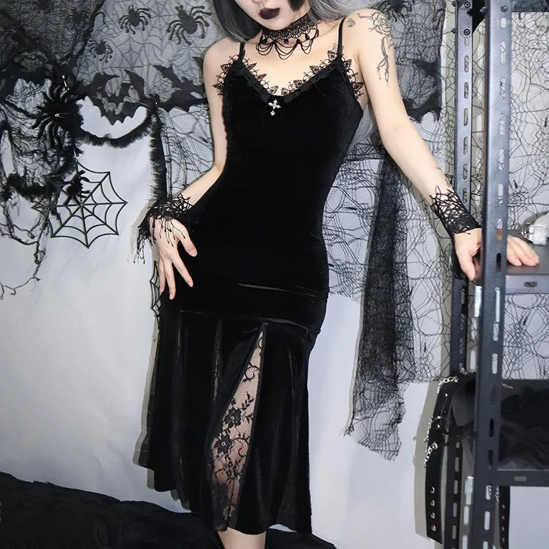 Robes décontractées Halloween Cosplay Vampire Bride Costume Goth Dark Lace Patchwork Gothique Élégante Sirène Femmes Grunge Velours Robe Sexy