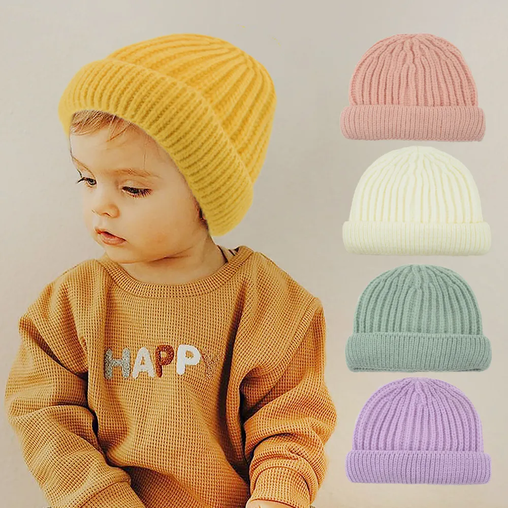 M663 New Autumn Winter Baby Kids Knitted Hat Candy Color Melon Cap