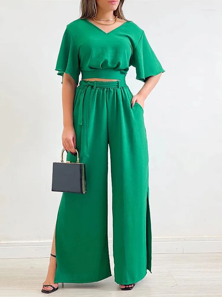 여자 2 피스 바지 가을 주름 슬리브 짧은 셔츠와 넓은 레그 세트 패션 벨트 사이드 스플릿 바지 대형 캐주얼 여성 정장