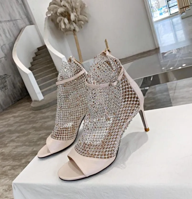 Rene Caovilla Sandali cristalli Mesh Strass Sandali con tacco a spillo Strass cinturino alla caviglia nero Scarpe da sera donna tacchi alti