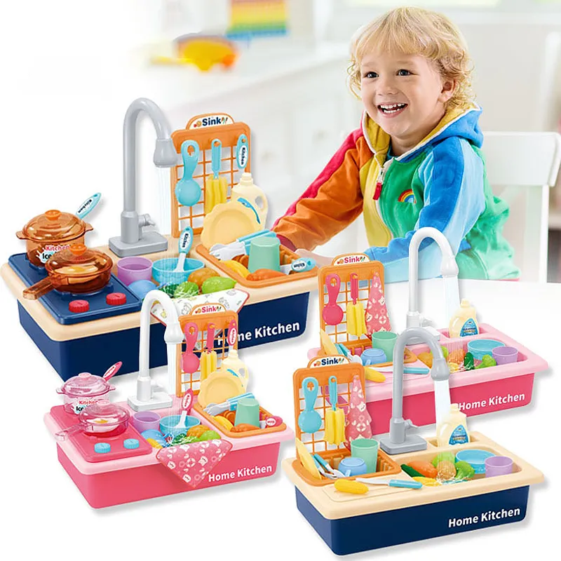 Kitchens Play Food Kids Kitchen Toys Electric Dishwasher Sink Pretend Set Water Wash Basin Kit For Children Gifts 230925