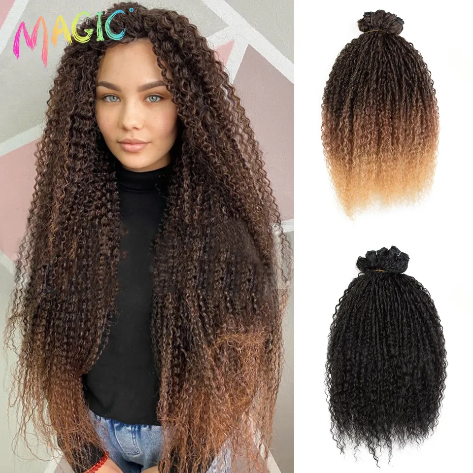 Mänskliga hår bulkar magiska syntetiska hår 5 st/pack 24inch afro kinky lockigt hår buntar natur ombre blond färgförlängningar lockiga hårbuntar 230925