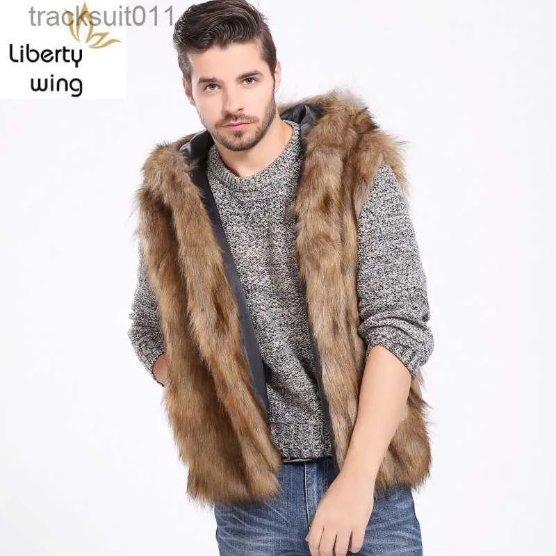 Gilet da uomo Europa America Gilet finto Moda casual Con cappuccio Senza maniche Cappotti di pelliccia Top Autunno Inverno Caldo Slim Fit Giacche Uomo S-3XL L230925