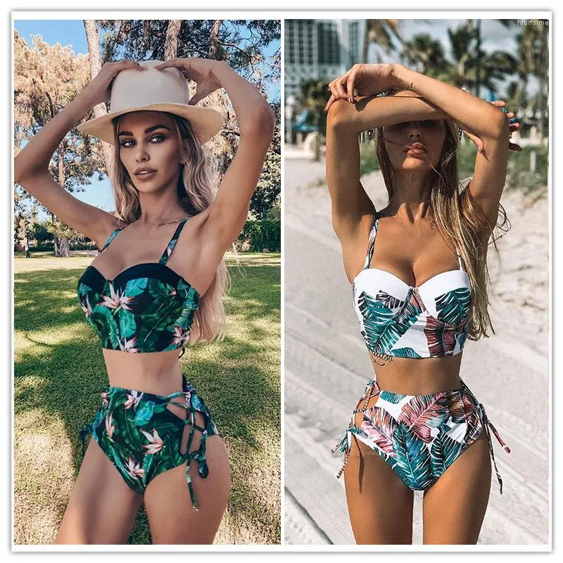 Mulheres Swimwear Cintura Alta 2023 Folha Imprimir Biquinis Mulheres Swimsuit Vintage Retro Banheira Halter Biquini Maillot de Bain Femme