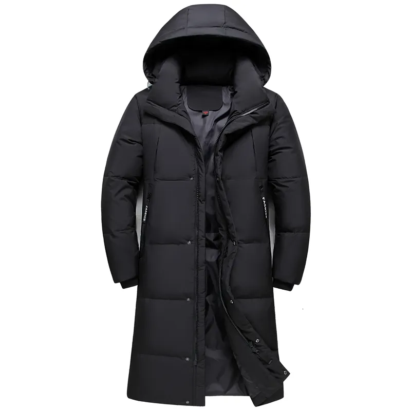 メンズダウンパーカー到着冬のジャケットメンズオーバーコートファッションは、フード付きブラックロングパーカー230925のために温かい90％白いアヒルのコートを厚くします