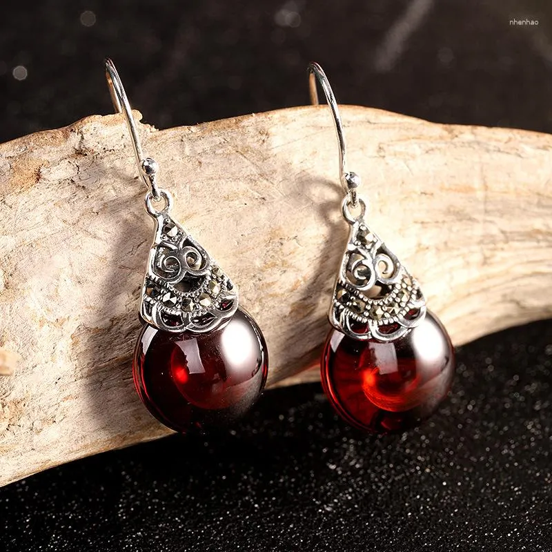 Boucles d'oreilles pendantes en argent thaïlandais antique 925, bijoux pour femmes, goutte d'eau, rouge grenade