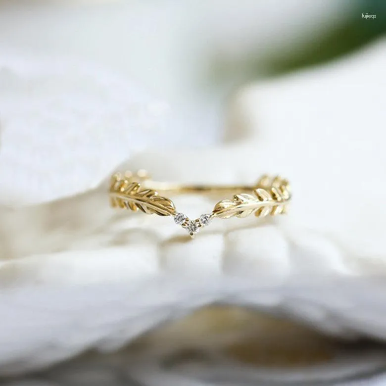 Cluster Rings Small Fresh 18k Gold-plated Tree Leaf Ring With Diamonds European And American Rice Ear Feather