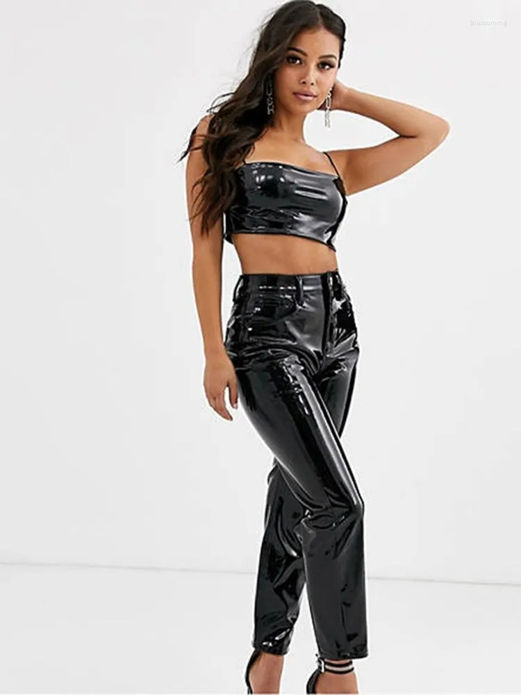 High Waist Latex Pants Patent Leather Pencil Leggings for Women
