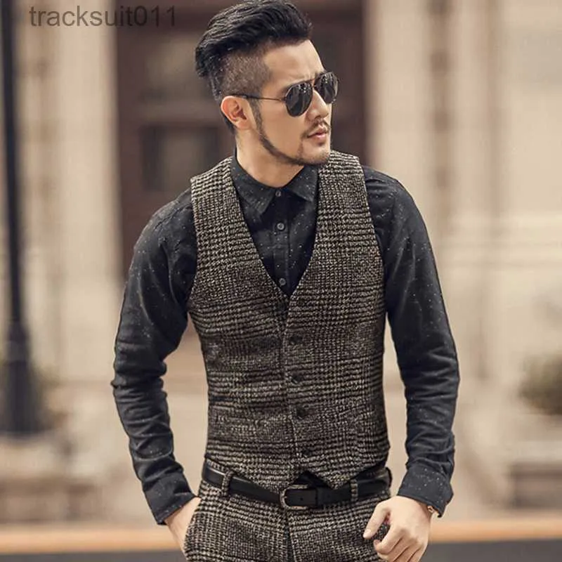 Männer Westen 2020 Winter Herren Weste Woolen Casual Plaid Europäischen Stil Weste Dünne Mode Groomsmen Mantel Für Hochzeit L230925