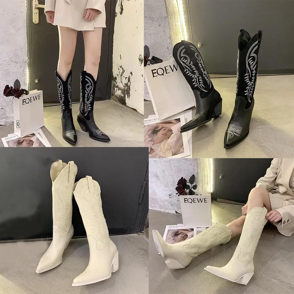 Botas de desenhista Western Mulheres Cowboy Botas Moda Marca Em Relevo Microfibra Couro Brilhante Diamante Qualidade Preto Branco Botas Altas para Mulheres Sexy 35-39