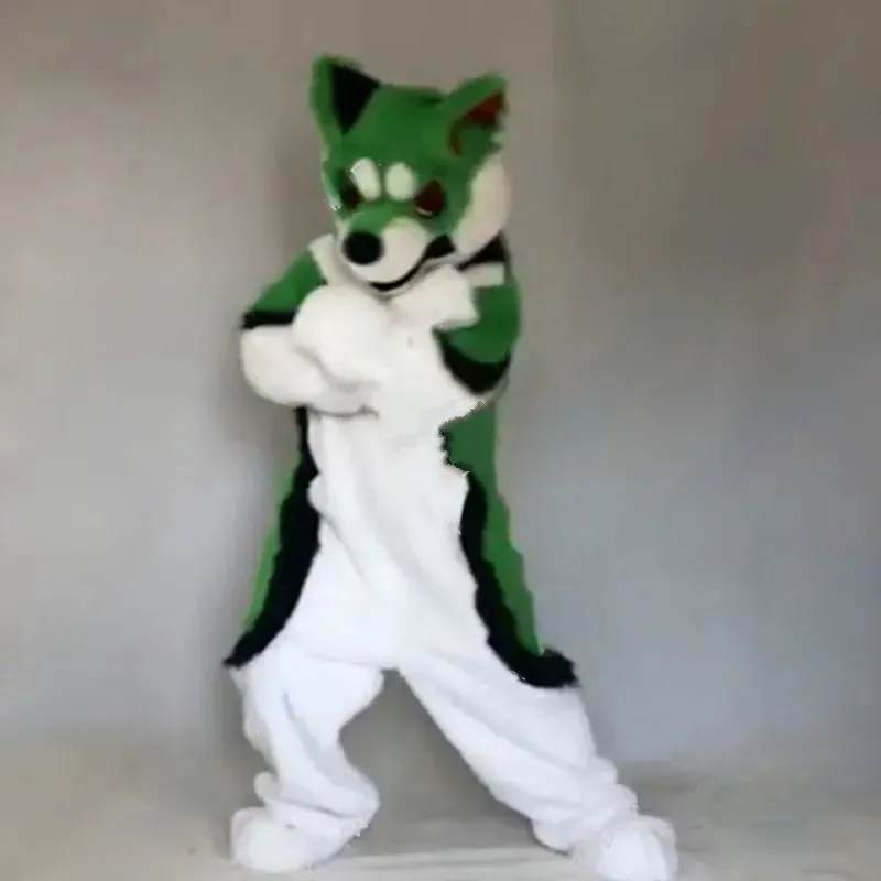Rabattfabrik Wolf Green Long Fur Furry Costume Husky Dog Fox Mascot Costume Fancy Dress Birthday Födelsedagsfest Juldräkt Karnival Unisex Vuxna outfit