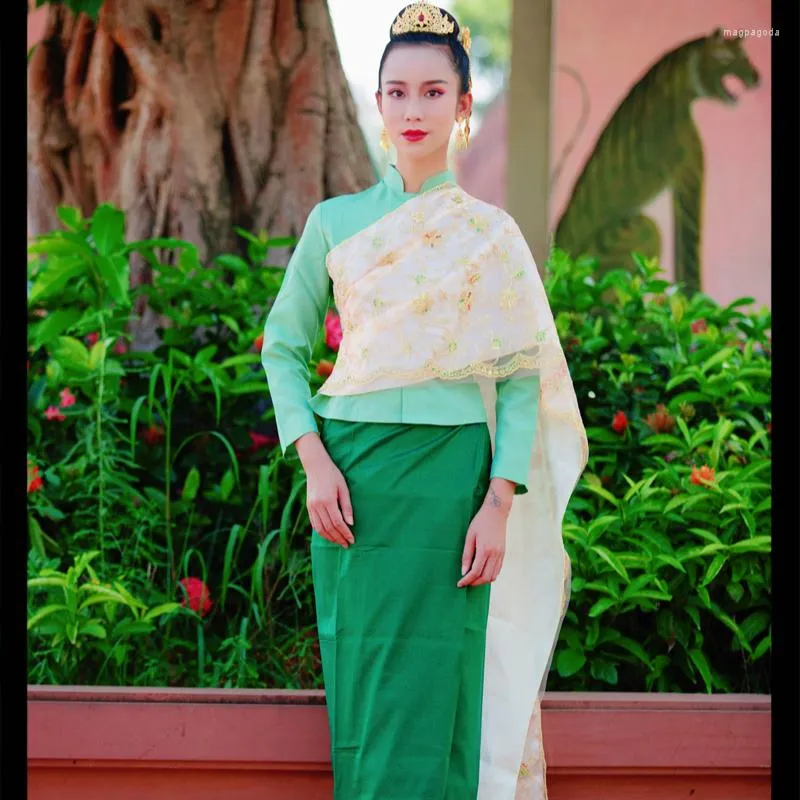 Etniska kläder Thailand traditionella för kvinnor står krage gröna toppar pha sin sjal restaurang kassör välkomna kostym asiatiska kläder