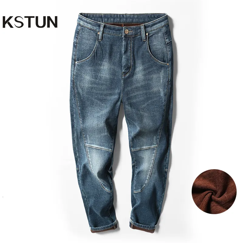 Mens Jeans vinter varma män fleece fodrade harembyxor förtjockar elastisk lös fit blått manligt märke plus sammet stor storlek 40 42 230925