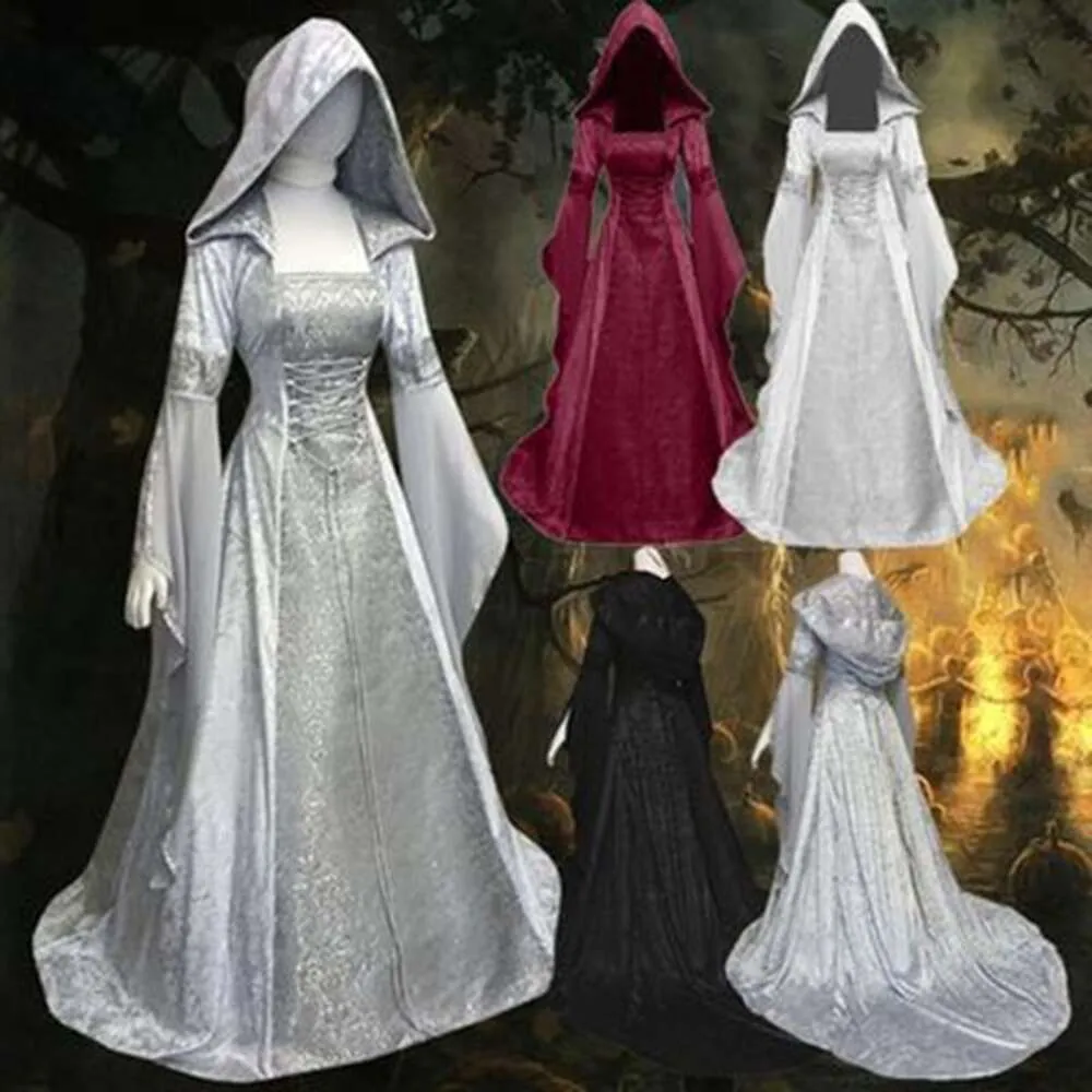 Damen-Coswear-Hochzeitskleid im mittelalterlichen Stil, 4-farbiges Kleid mit Kapuze und Taille, Cospla-Halloween-Kostüme
