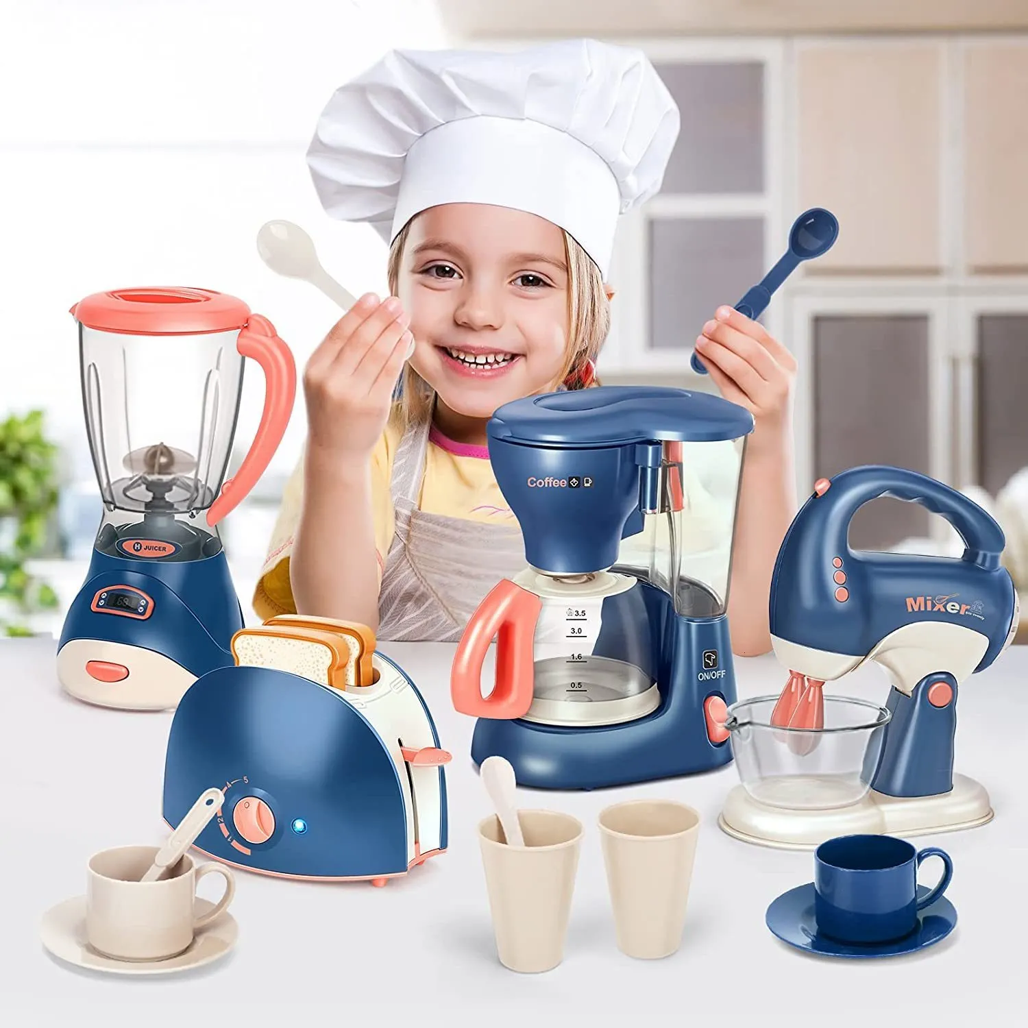 Küchen Spielen Essen Mini-Haushaltsgeräte Küchenspielzeug Rollenset mit Kaffeemaschine, Mixer, Mixer und Toaster für Kinder Jungen Mädchen Geschenke 230925