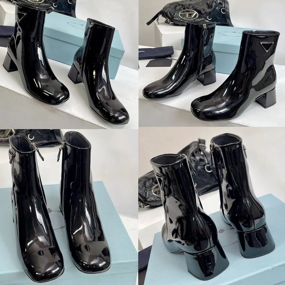 Novas botas de luxo botas de marca triângulo logotipo bloco salto outono botas de inverno botas de moda botas de couro botas femininas botas de inicialização de negócios 35 42