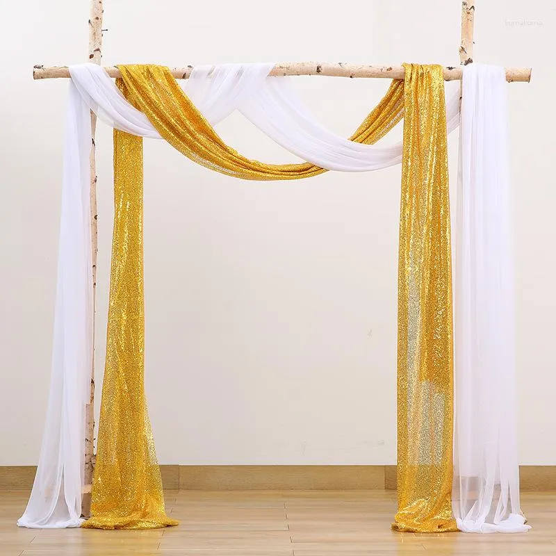 Decoração de festa casamento arco drape fundo pérola chiffon branco ouro lantejoulas drapeado tecido cortina cortina eventos de recepção