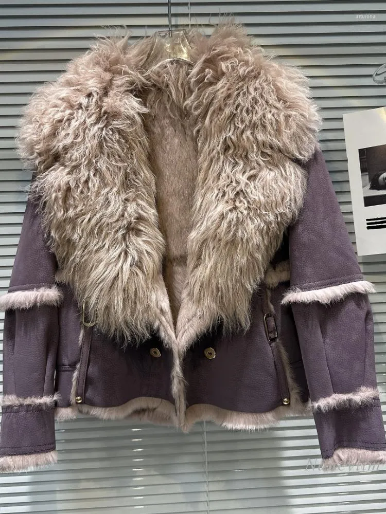 Cappotto da donna in pelle con collo in pelliccia di agnello grande, autunno inverno, caldo cappotto patchwork moda donna finta