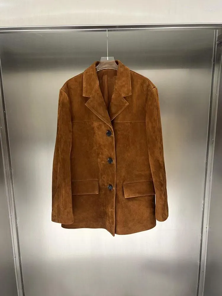 女性の革の本物のブレザー女性ブラウンキッドスエードコートとジャケット2023韓国ファッションラグジュアリーアウトウェア服