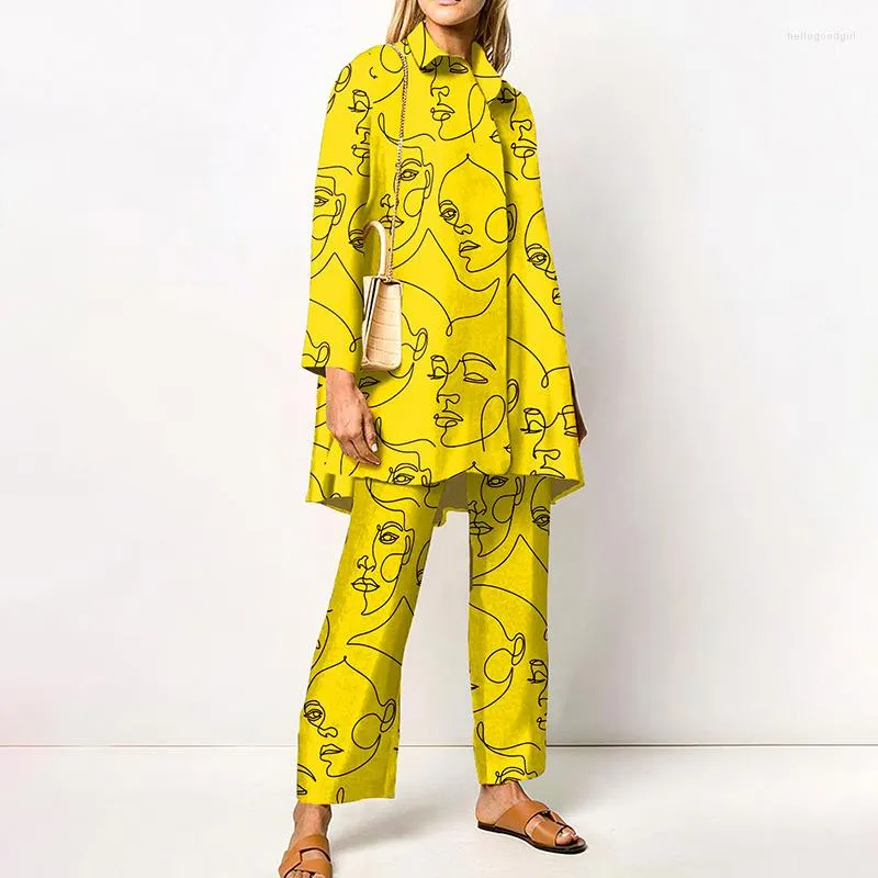 Calças femininas de duas peças primavera e outono camisa de manga longa conjunto de 2 peças moda 2023 marca impressão 3d festa casual