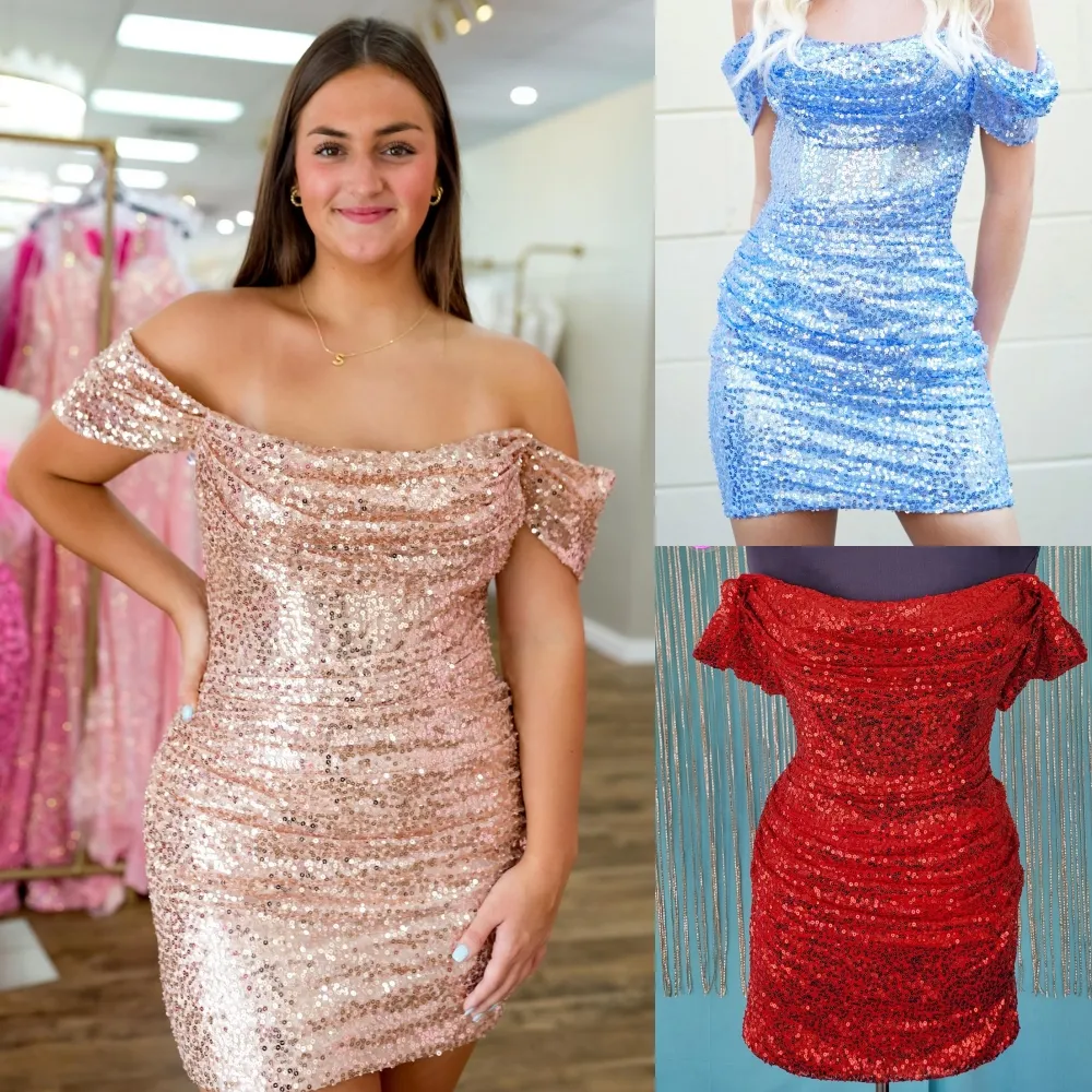 Off-Shoulder Homecoming Dress 2k24 NYE Hoco Ruched Sequin Corset Drama Graduation Formal Cocktail Party Wedding Guest Holiday Club Black-Tie Gala Prom Light Blue Red