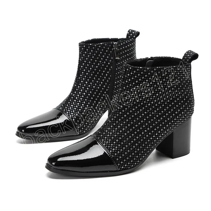 Fashion Handmade Italian Dress Boots Men Polka Dot Real Leather High Heels Cowboy Boots Shoes Man Sapatos Social