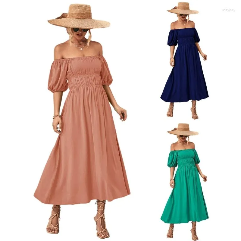 Casual Dresses Beautiful Off Shoulder Dress With Puff Sleeves Short Sleeve Solid Cocktail Maxi