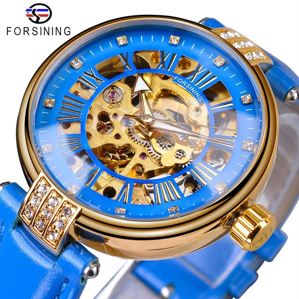 Forsining – montre-bracelet mécanique automatique pour femmes, marque de luxe, mode, boîtier doré, squelette, horloge, bleu, cuir véritable, 210P