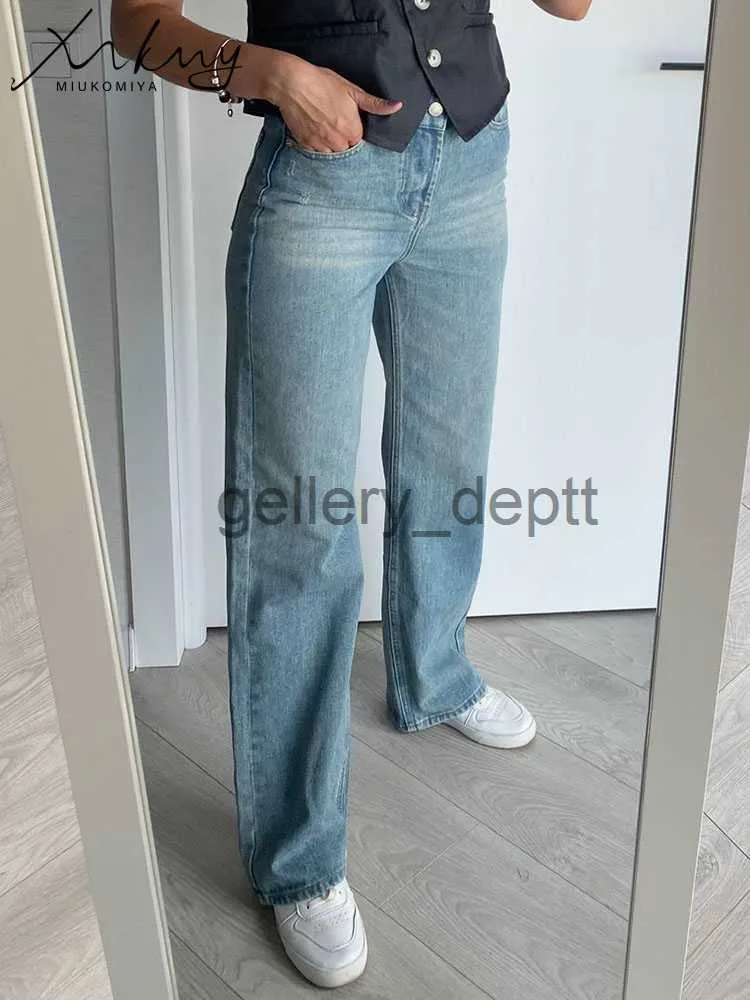 Damesbroek Capris MiuKoMiYa Roze jeans met wijde pijpen voor dames Hoge taille Grijze volledige denim broek Rechte vintage jeans Dames 2023 Mode denim broek J230925