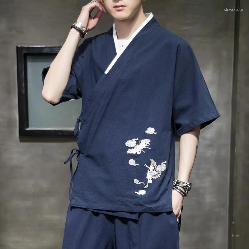 Men's Casual Shirts Street Japanese Kimono Shirt Chinese Retro Embroidered Cheongsam Asian Clothing Tang Suit Hanfu Cardigan Top