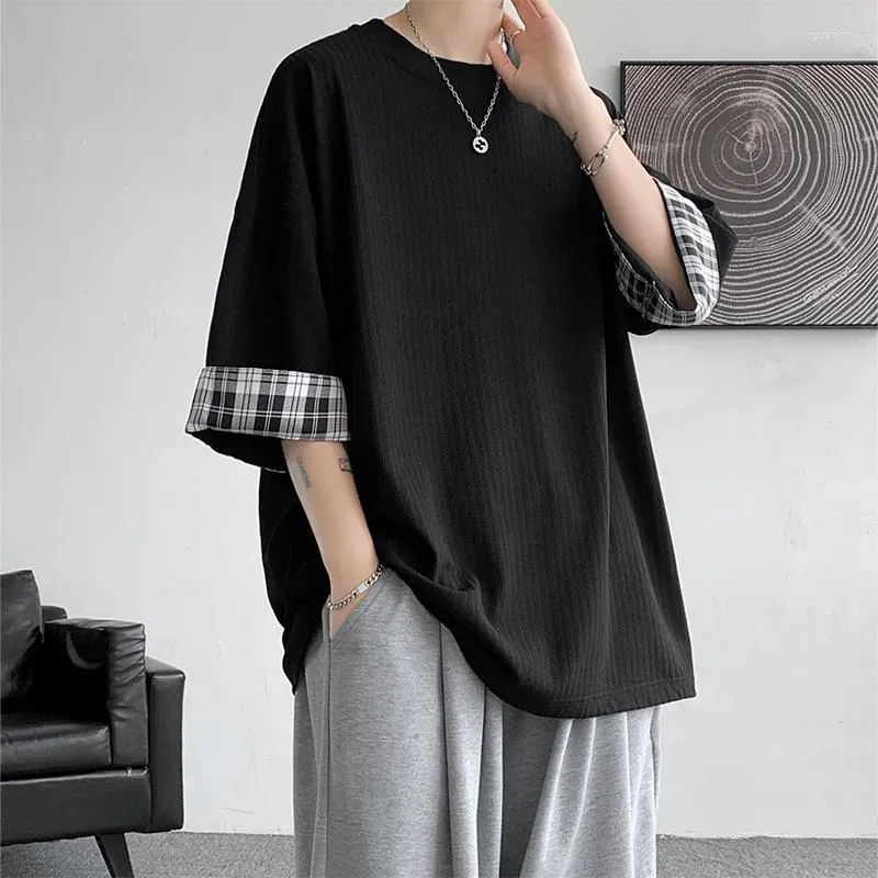 Männer T-Shirts Plus Größe 5XL Sommer T-shirts Koreanischen Stil Paar Lose Plaid T-shirt Übergroßen Casual Sieben Ärmeln Männlich schwarz