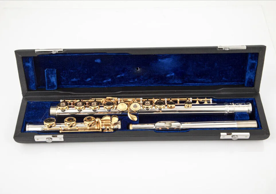 Flauta de qualidade C 17 buraco aberto corpo prateado instrumento chave dourada com acessórios