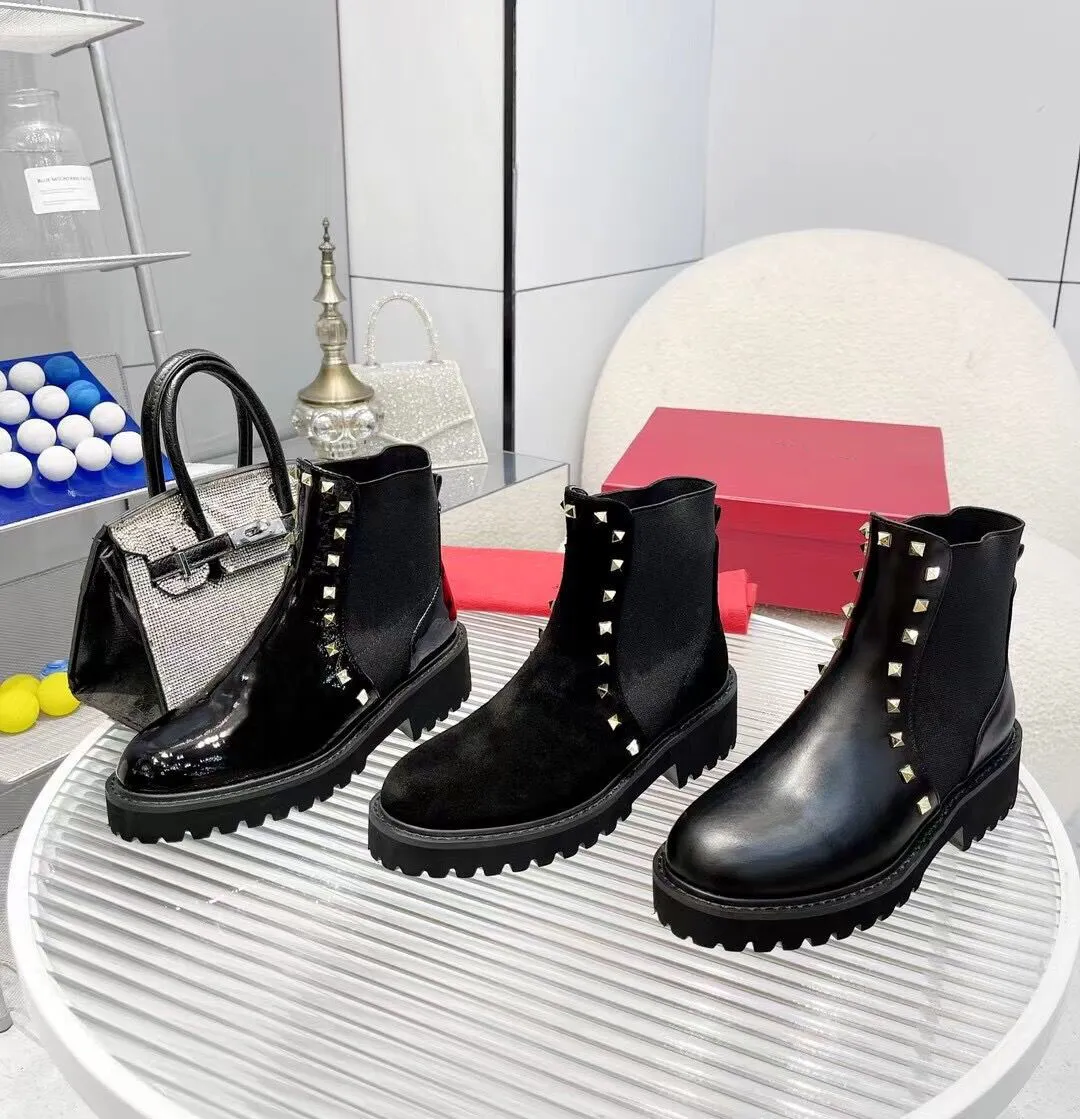 23s Designer de luxe court martens butin bottine bottes en cuir noir clouté designer 20mm talon bas bout rond avec boîte 35-43