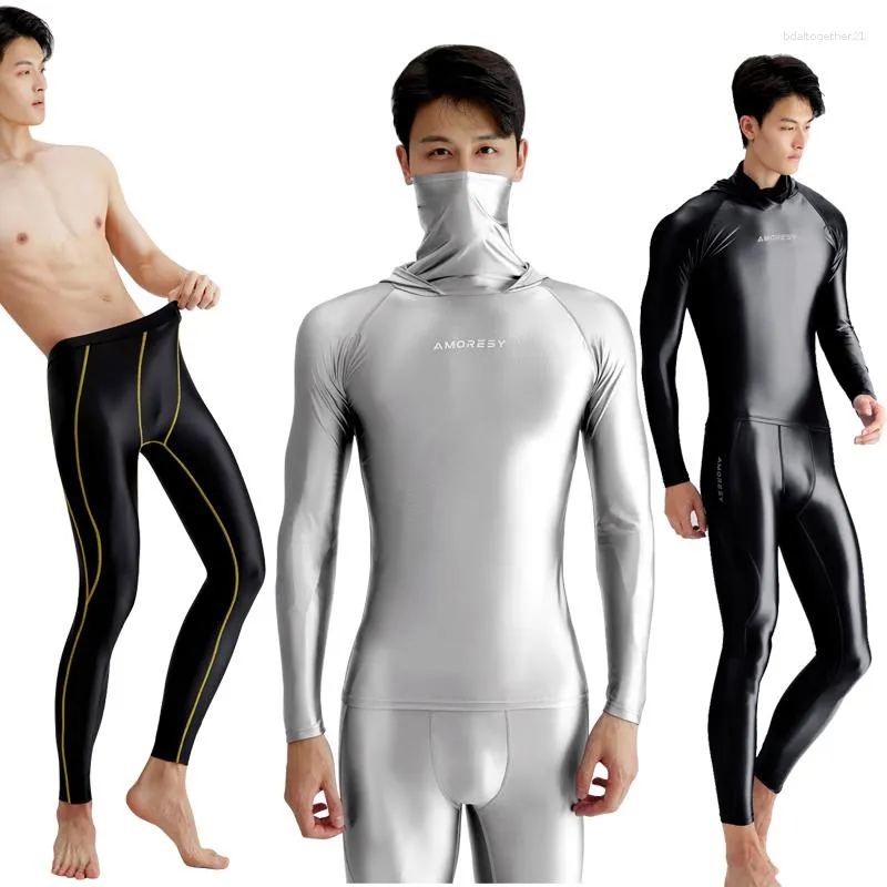 Мужские купальники, сексуальный шелковый гладкий глянцевый купальник, узкие брюки для серфинга, быстросохнущий топ с капюшоном и длинными рукавами, дышащие костюмы для фитнеса
