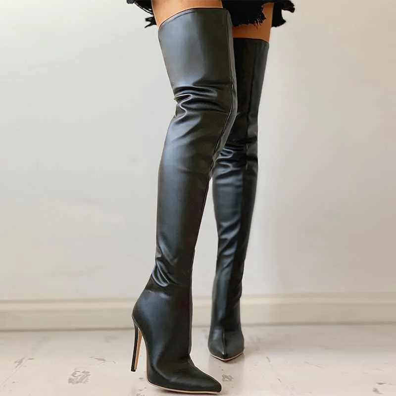Noir Sexy sur les bottes au genou pour les femmes chaussures à talons hauts dames cuisse hiver grande longue chaussure femme 230922