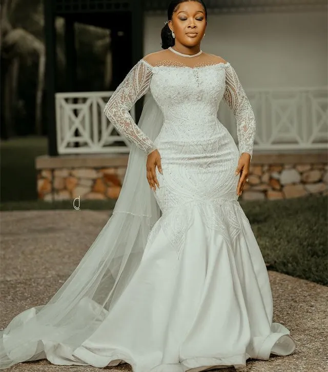 Elegant Beaded White Wedding Dress Arabic Aso Ebi Style, Sheer