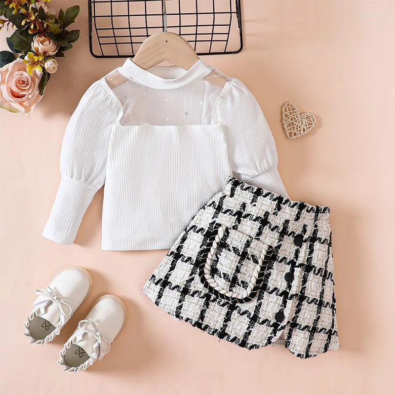 Clothing Sets Toddler Girl Outfit Mesh Patchwork Long Sleeve Shirts And  Elastic Plaid A Line Skirt Set For Fall Clothes From Xiangxueqiu, $13.23