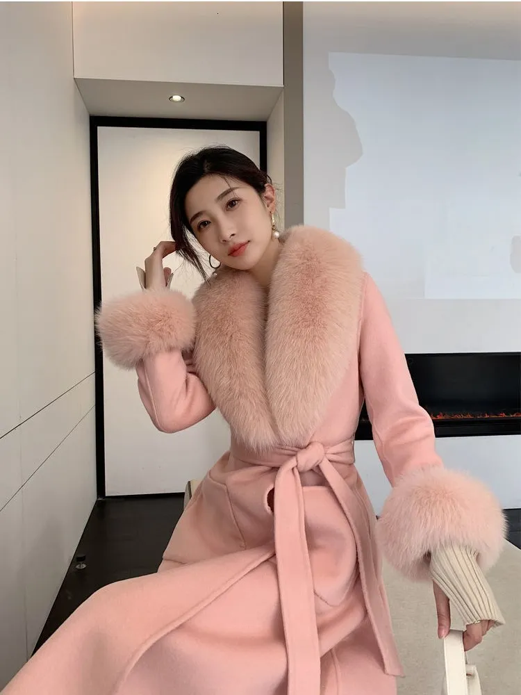 Womens Winter Woolen Coat With Fur Collar Scarf And Cuff Set In
