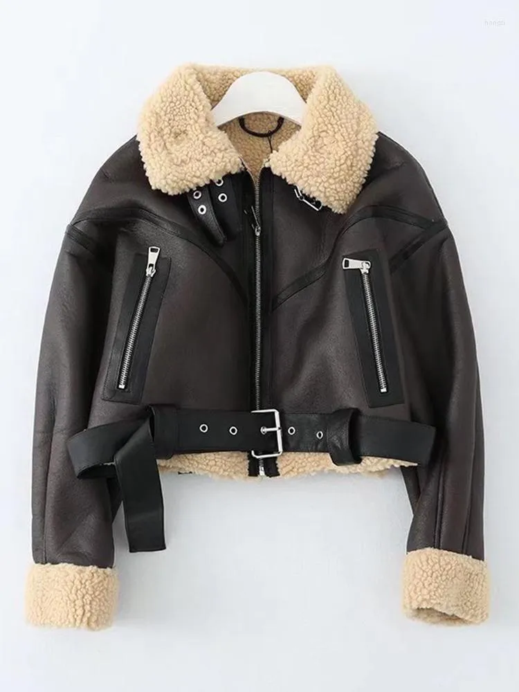 Giacca corta in pelle da donna Kmetram Winter Women Streetwear Giacca corta in pelliccia sintetica con cintura Moto Biker Cappotto caldo in pelle di pecora spessa Outwear