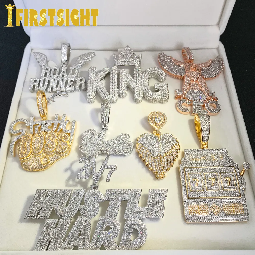 Girocolli Iced Out Bling CZ Lettera Hustle Hard Rich Collana con pendente fortunato 5A Zircone Distintivo Fluorescenza Charms Uomo Gioielli Hip Hop 230925