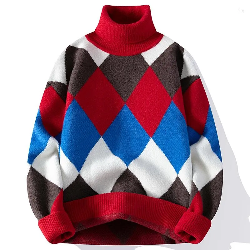 Мужские свитера 2023, осень-зима, толстый теплый свитер с воротником, мужской свитер высшего качества, мужской рождественский кашемировый пуловер с высоким воротом Argyle