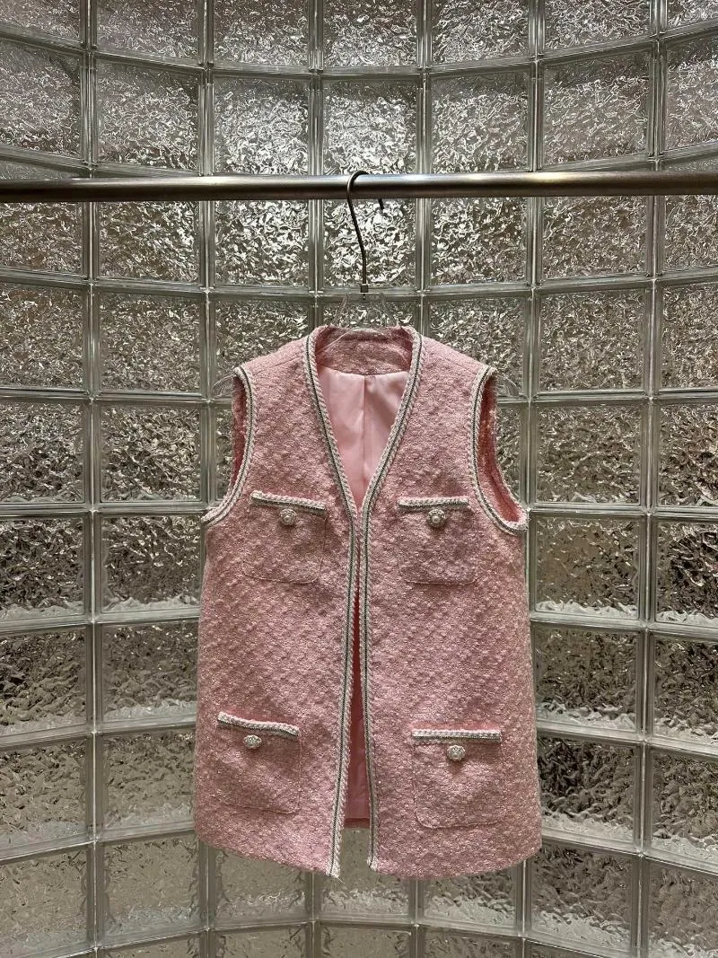 Vestes pour femmes Gilet en tweed rose macaron onirique avec bordure en ruban tressé contrasté fabriqué à la main