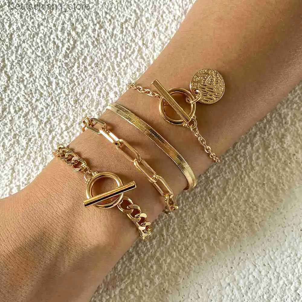 Charm Bracelets Boho Multilayer Geometric Adjustable Bracelet Ladies Punk Fashion Flat Snake Chain Hollow Metal Set Bracelets Girl Jewelry Gift Q230925