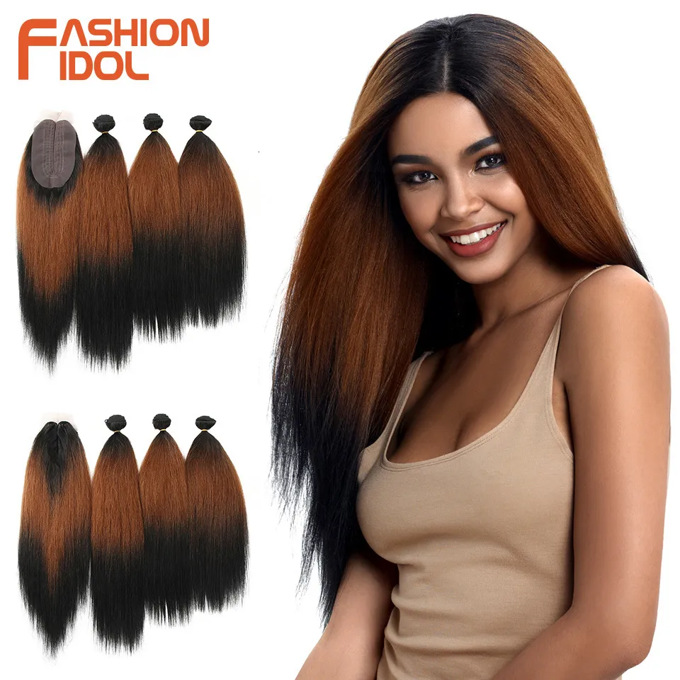 Menschliches Haar Bulks FASHION IDOL 18-22 Zoll Yaki Glattes Haar Bundles 6 Zoll Spitze mit Verschluss Webart Haar Ombre Braun Golden Fake Hair Extensions 230925