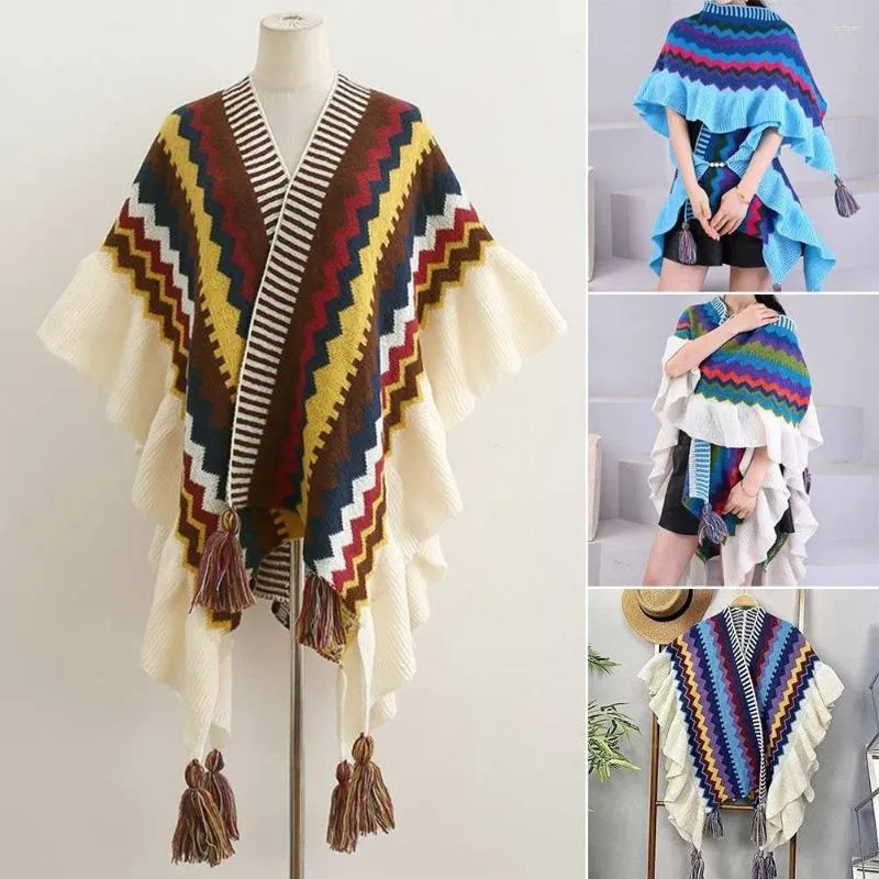 Scarves Winter Warm Mongolian Poncho Soft Striped Imitation Cashmere Flounce Knitting Wraps Ethnic Style Knitted Cape Women Fashion