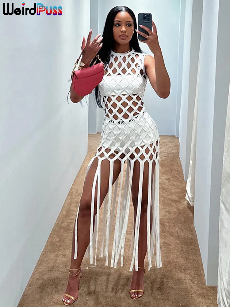 Casual Vacation Solid Tassel Hollowed Out See-through Halter Sleeveless Two Pieces Casual Vacation Solid Tassel Hollowed Out See-through Halter Sleeveless Two Pieces